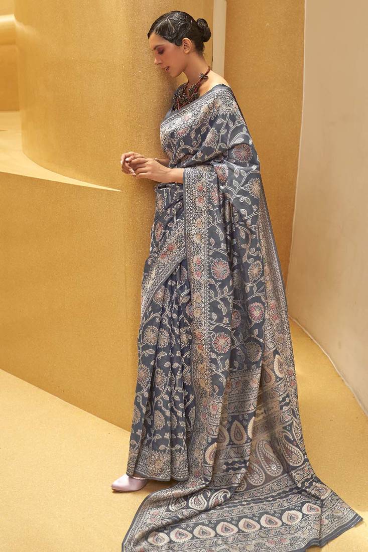 Grey Lucknowi Chikankari Weaving Work Saree With Blouse