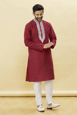 Maroon embroidered art silk kurta-pajama 5