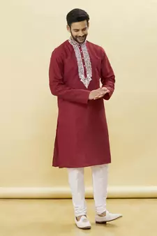 Maroon embroidered art silk kurta-pajama