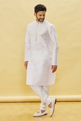 White embroidered art silk kurta-pajama 2