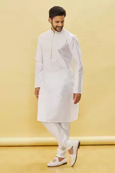 White embroidered art silk kurta-pajama