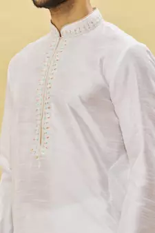 White embroidered art silk kurta-pajama