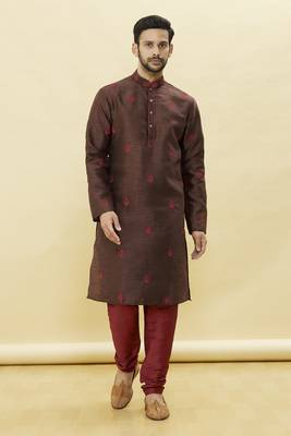 Brown embroidered art silk kurta-pajama 5