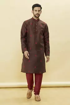 Brown embroidered art silk kurta-pajama