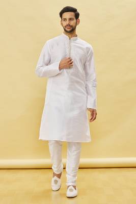 White embroidered art silk kurta-pajama 5