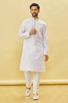 White embroidered art silk kurta-pajama