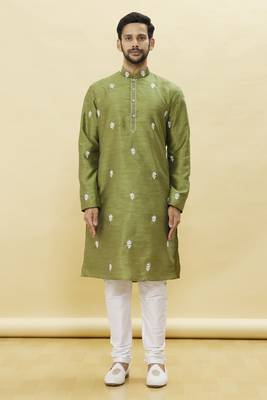 Green embroidered art silk kurta-pajama 1