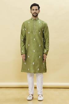 Green embroidered art silk kurta-pajama