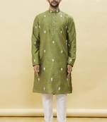 Green embroidered art silk kurta-pajama