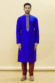 Blue embroidered art silk kurta-pajama