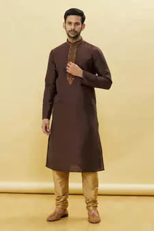 Brown embroidered art silk kurta-pajama