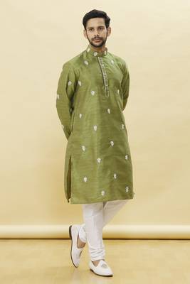 Green embroidered art silk kurta-pajama 2