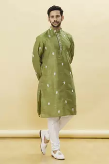 Green embroidered art silk kurta-pajama