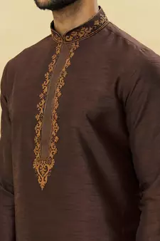 Brown embroidered art silk kurta-pajama