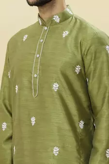 Green embroidered art silk kurta-pajama