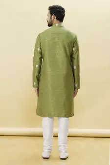 Green embroidered art silk kurta-pajama
