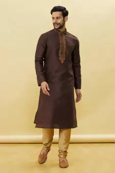 Brown embroidered art silk kurta-pajama