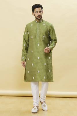 Green embroidered art silk kurta-pajama 5