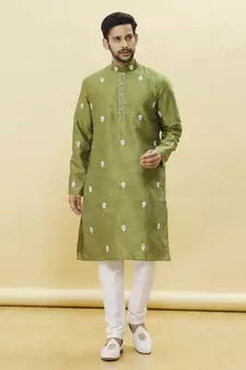 Green embroidered art silk kurta-pajama