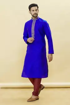 Blue embroidered art silk kurta-pajama