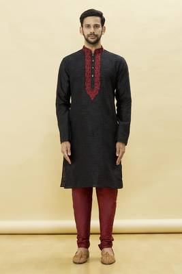 Black embroidered art silk kurta-pajama 1