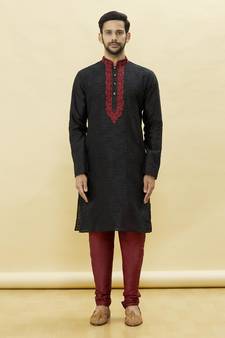 Black embroidered art silk kurta-pajama