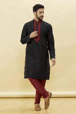Black embroidered art silk kurta-pajama 2