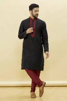 Black embroidered art silk kurta-pajama