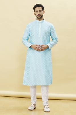 Blue printed art silk kurta-pajama 4