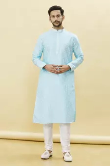 Blue printed art silk kurta-pajama