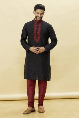 Black embroidered art silk kurta-pajama 5