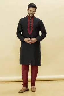 Black embroidered art silk kurta-pajama