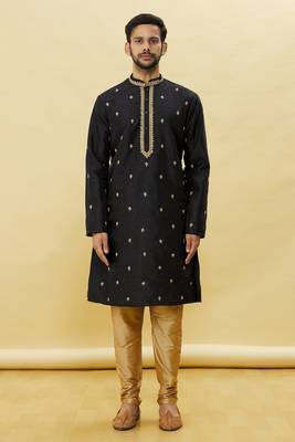 Black embroidered art silk kurta-pajama 1