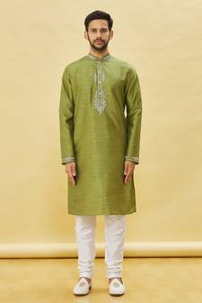 Green embroidered art silk kurta-pajama