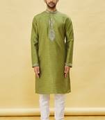 Green embroidered art silk kurta-pajama