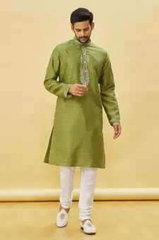 Green embroidered art silk kurta-pajama