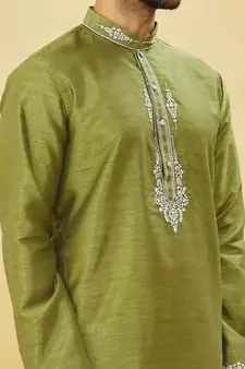 Green embroidered art silk kurta-pajama
