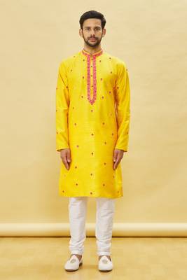 Yellow embroidered art silk kurta-pajama 1