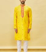 Yellow embroidered art silk kurta-pajama