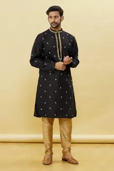 Black embroidered art silk kurta-pajama