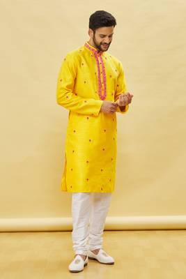 Yellow embroidered art silk kurta-pajama 2
