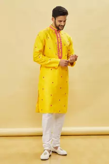 Yellow embroidered art silk kurta-pajama