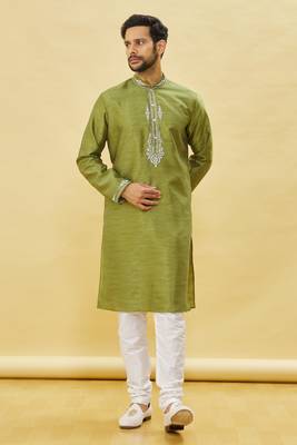 Green embroidered art silk kurta-pajama 5