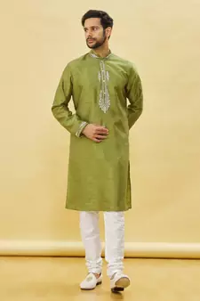 Green embroidered art silk kurta-pajama