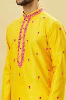 Yellow embroidered art silk kurta-pajama