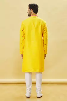 Yellow embroidered art silk kurta-pajama