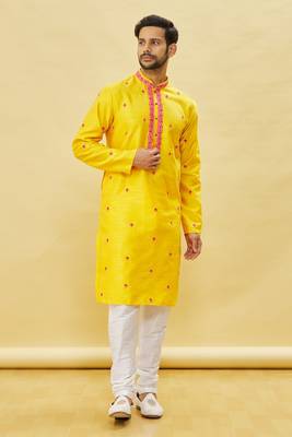 Yellow embroidered art silk kurta-pajama 5