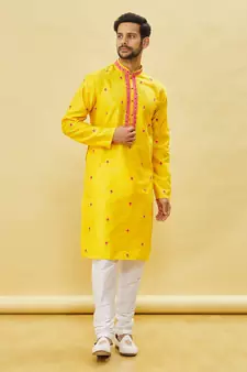 Yellow embroidered art silk kurta-pajama