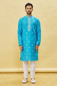 Blue embroidered art silk kurta-pajama
