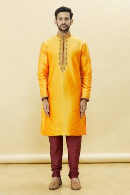 Yellow embroidered art silk kurta-pajama 1